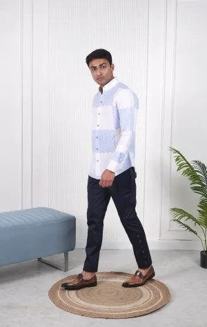 White Teapot Blue Block Print Linen Shirt