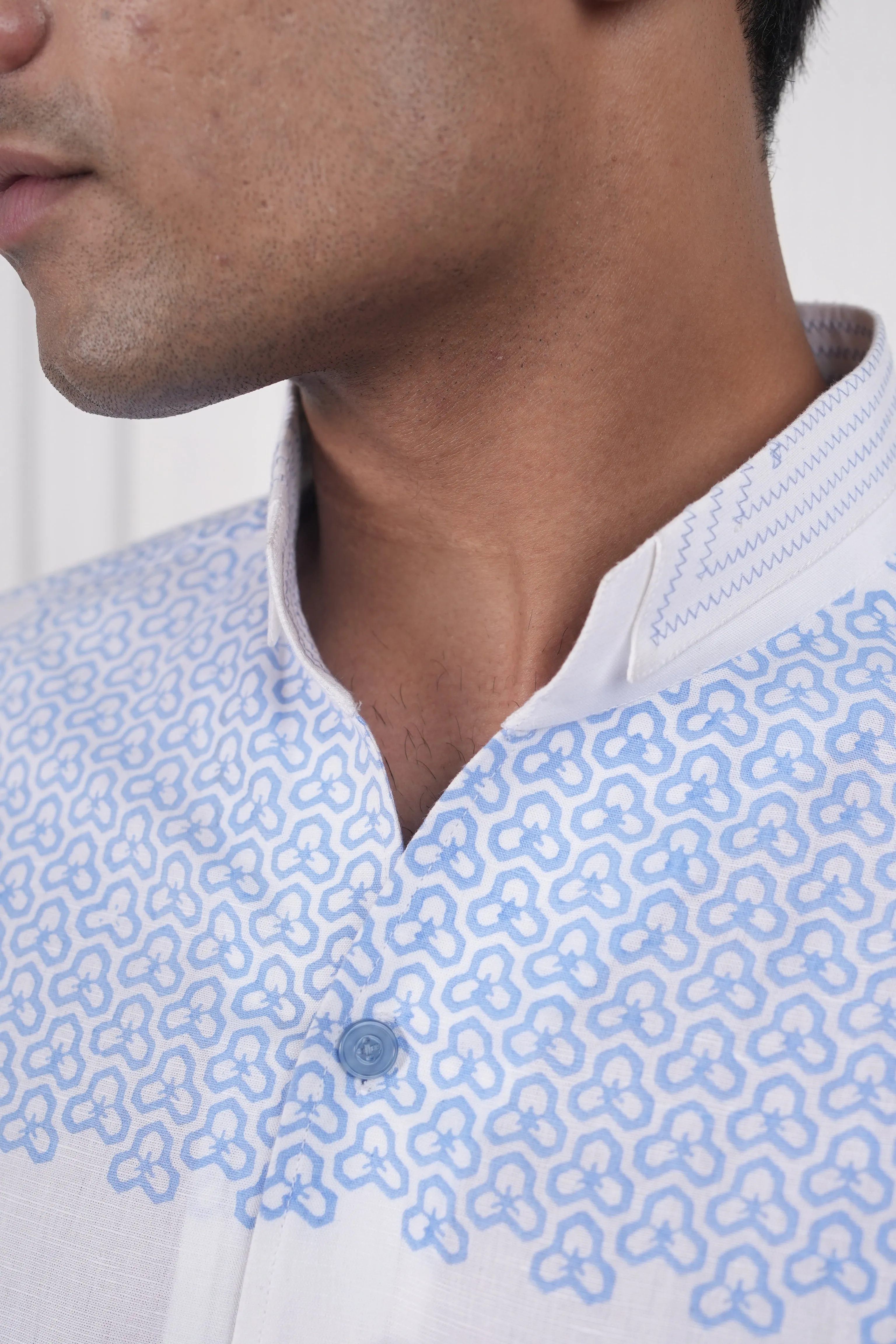 White Teapot Blue Block Print Linen Shirt