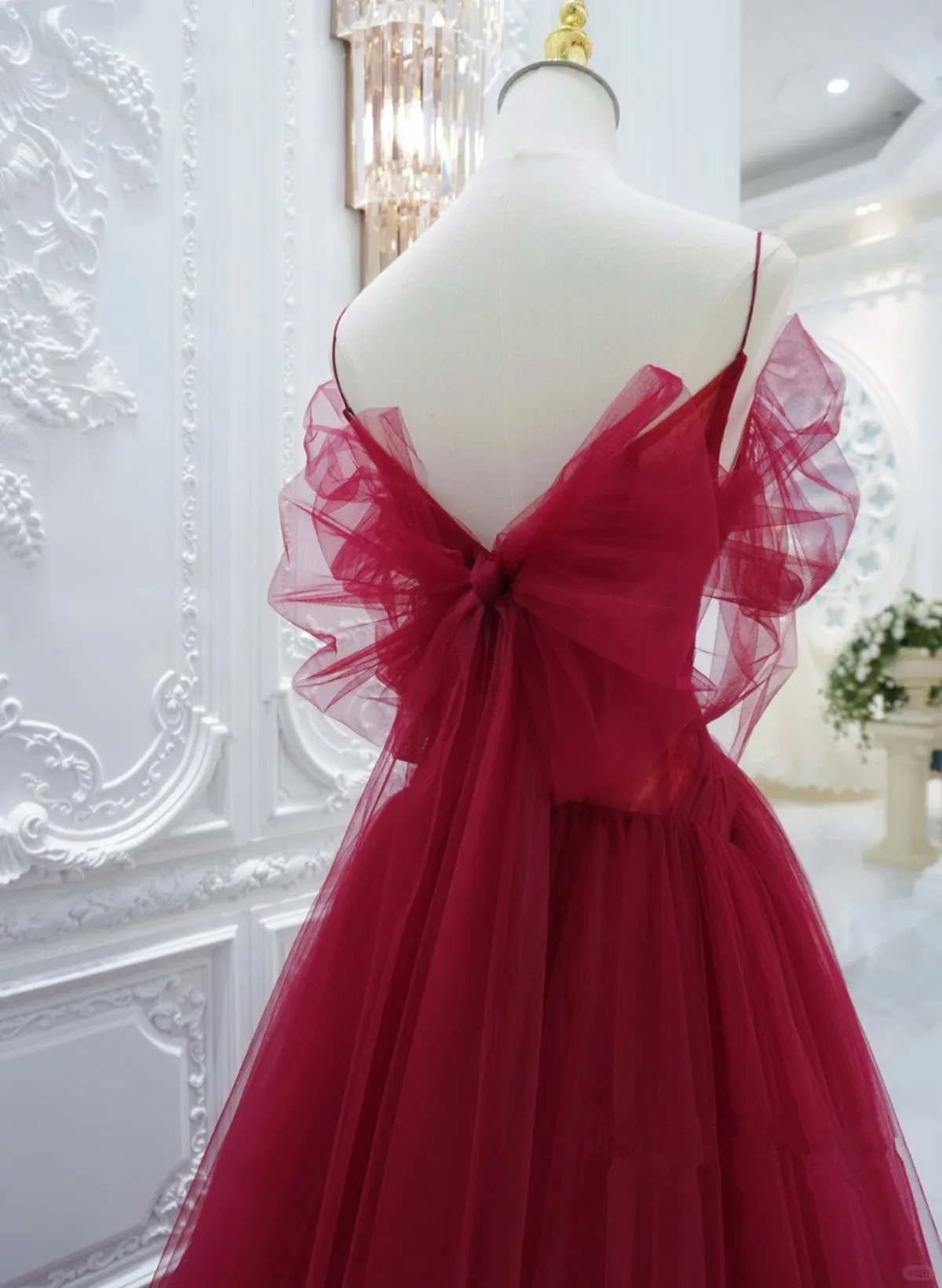 Wine Red Tulle V-neckline Off Shoulder with Bow, Wine Red Tulle Long Prom Dress