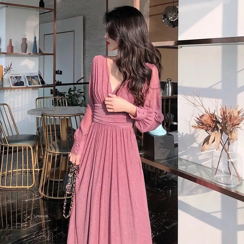 Women Vintage Maxi Dresses for Party Sequin Midi Casual Chiffon Slim Autumn Dress - WD8016