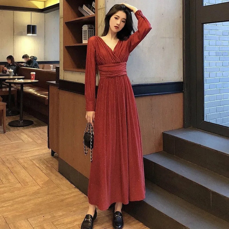 Women Vintage Maxi Dresses for Party Sequin Midi Casual Chiffon Slim Autumn Dress - WD8016