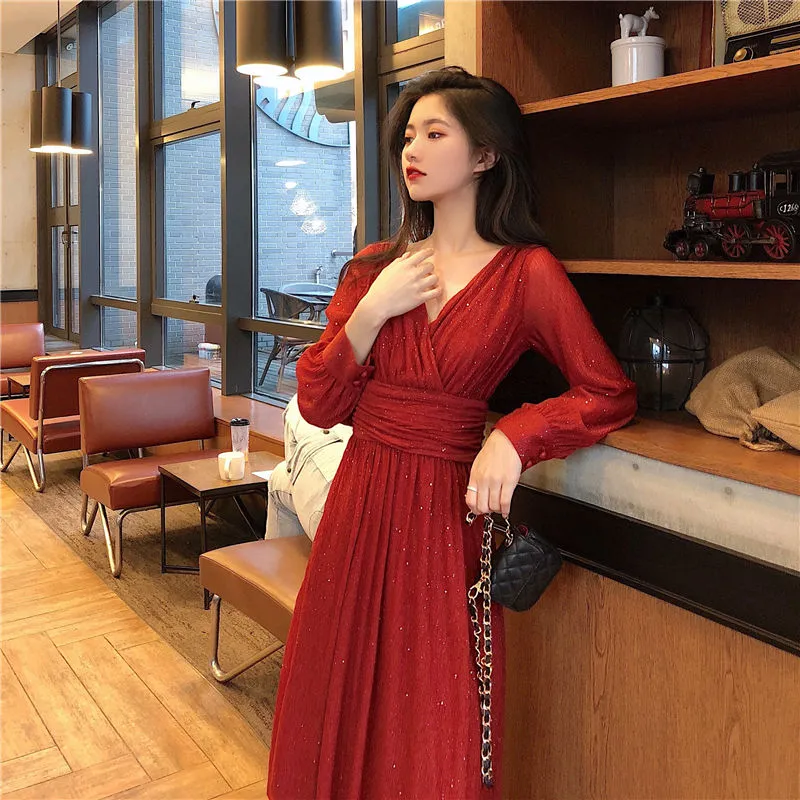 Women Vintage Maxi Dresses for Party Sequin Midi Casual Chiffon Slim Autumn Dress - WD8016