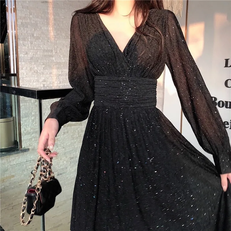Women Vintage Maxi Dresses for Party Sequin Midi Casual Chiffon Slim Autumn Dress - WD8016