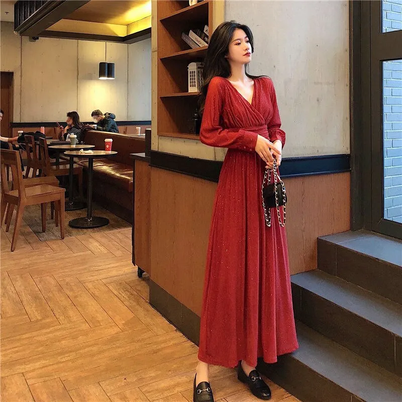 Women Vintage Maxi Dresses for Party Sequin Midi Casual Chiffon Slim Autumn Dress - WD8016