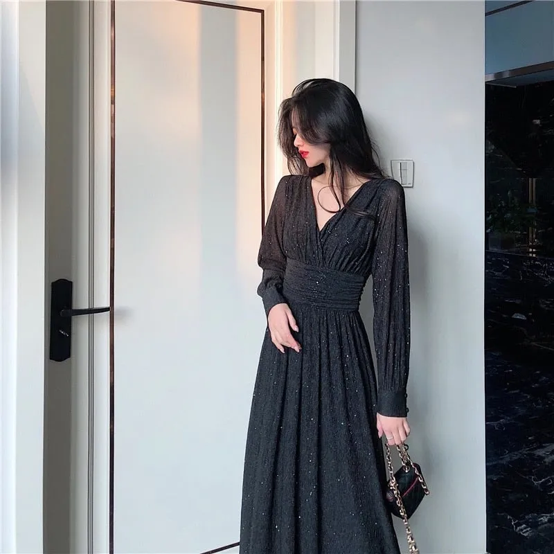 Women Vintage Maxi Dresses for Party Sequin Midi Casual Chiffon Slim Autumn Dress - WD8016