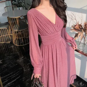 Women Vintage Maxi Dresses for Party Sequin Midi Casual Chiffon Slim Autumn Dress - WD8016