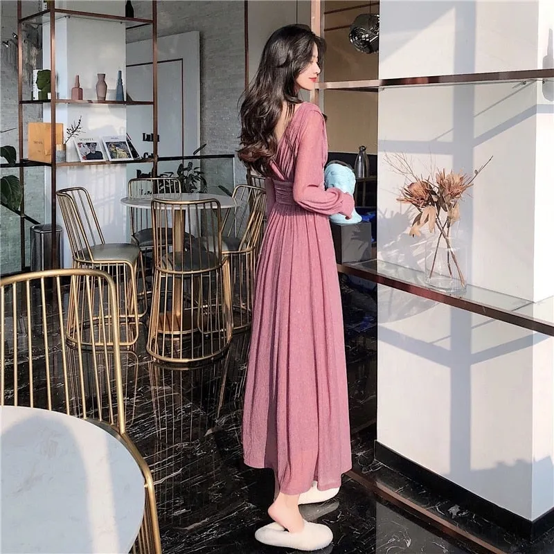 Women Vintage Maxi Dresses for Party Sequin Midi Casual Chiffon Slim Autumn Dress - WD8016