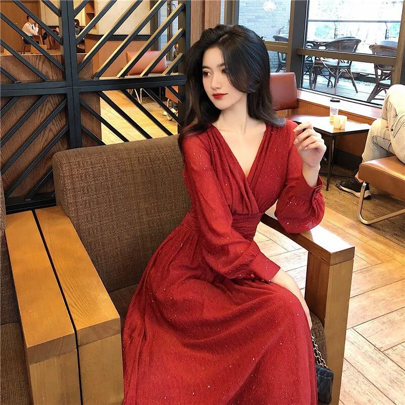 Women Vintage Maxi Dresses for Party Sequin Midi Casual Chiffon Slim Autumn Dress - WD8016