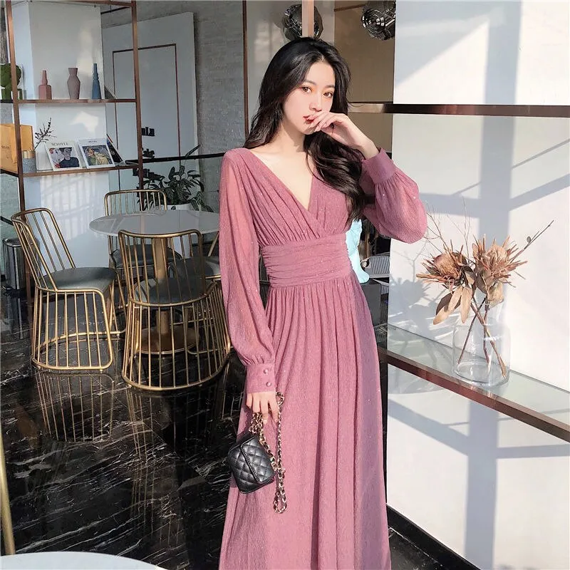 Women Vintage Maxi Dresses for Party Sequin Midi Casual Chiffon Slim Autumn Dress - WD8016