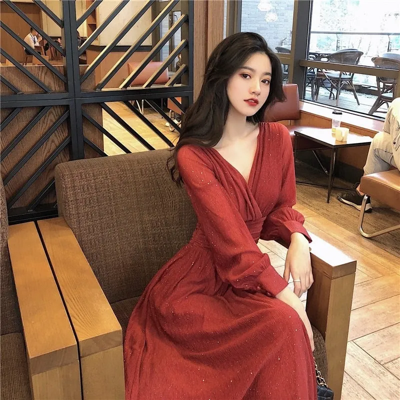 Women Vintage Maxi Dresses for Party Sequin Midi Casual Chiffon Slim Autumn Dress - WD8016
